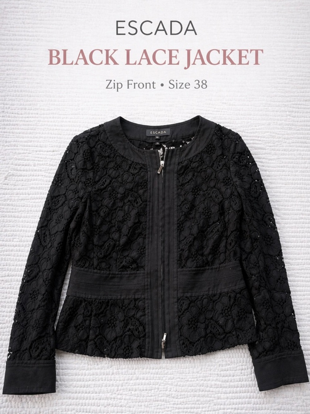 Escada Black Lace Jacket Size 38 Zip Front Luxury Evening Topper